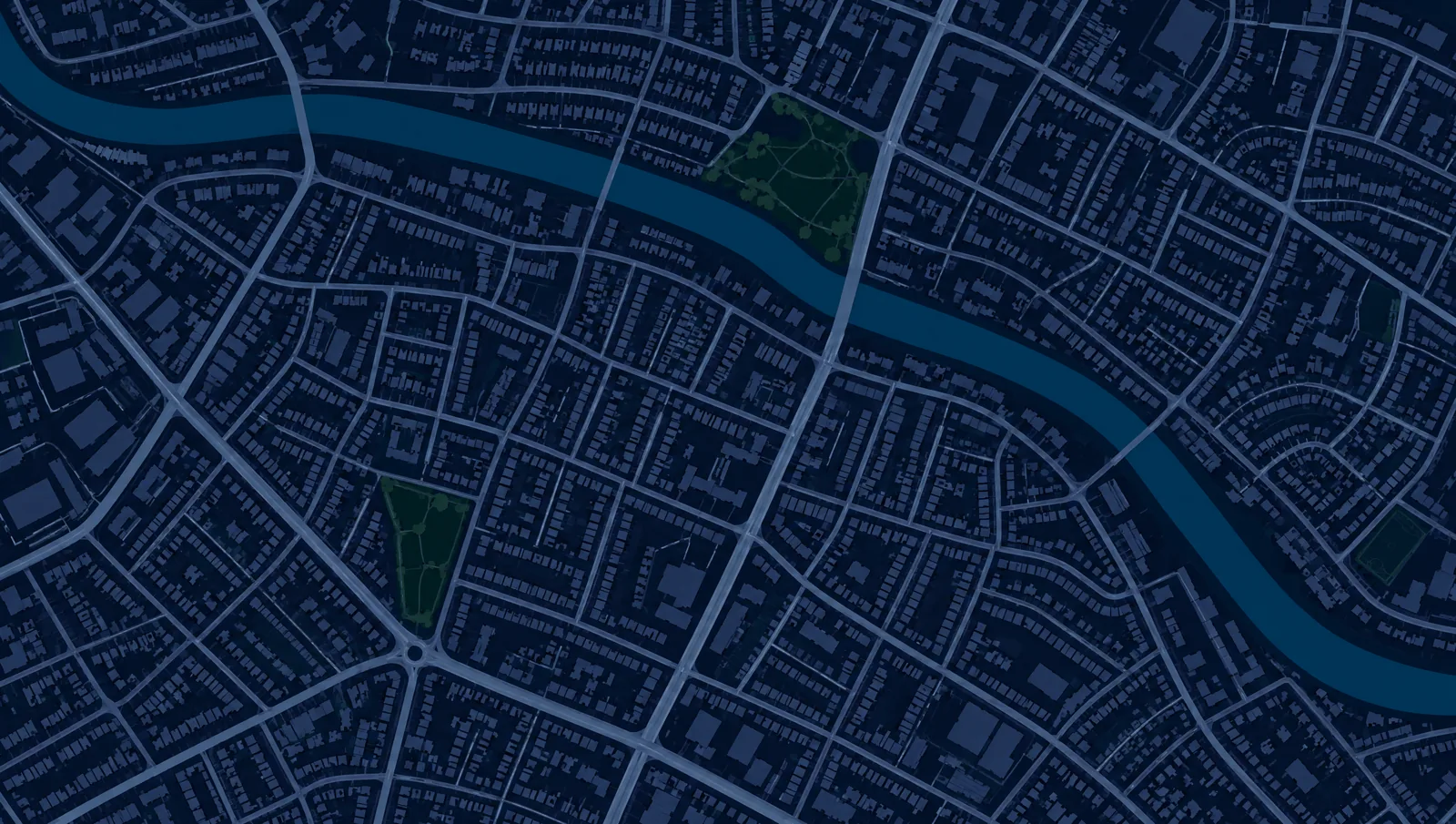Dunkle Stadtkarte mit markierten Hauseingängen